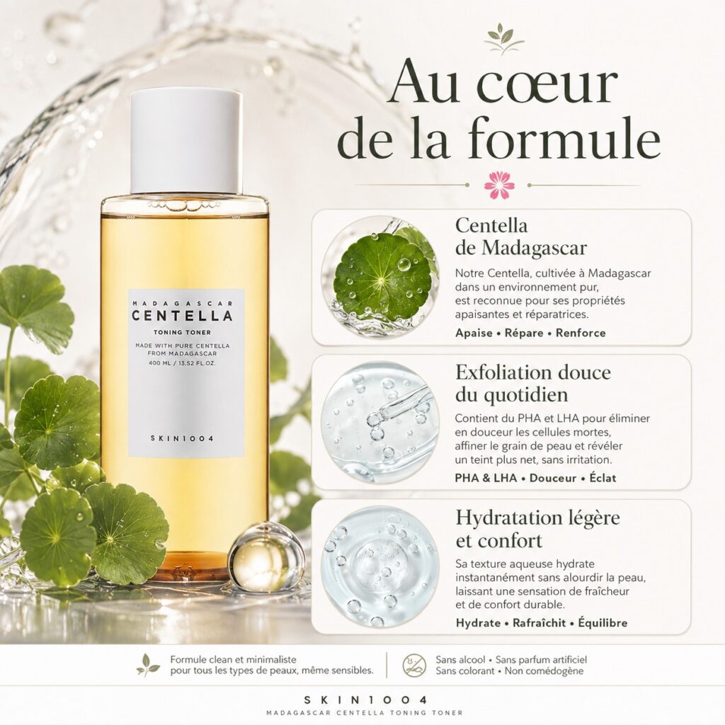 SKIN1004 Madagascar Centella Toning Toner avec centella de Madagascar et ingrédients clés de sa formule.