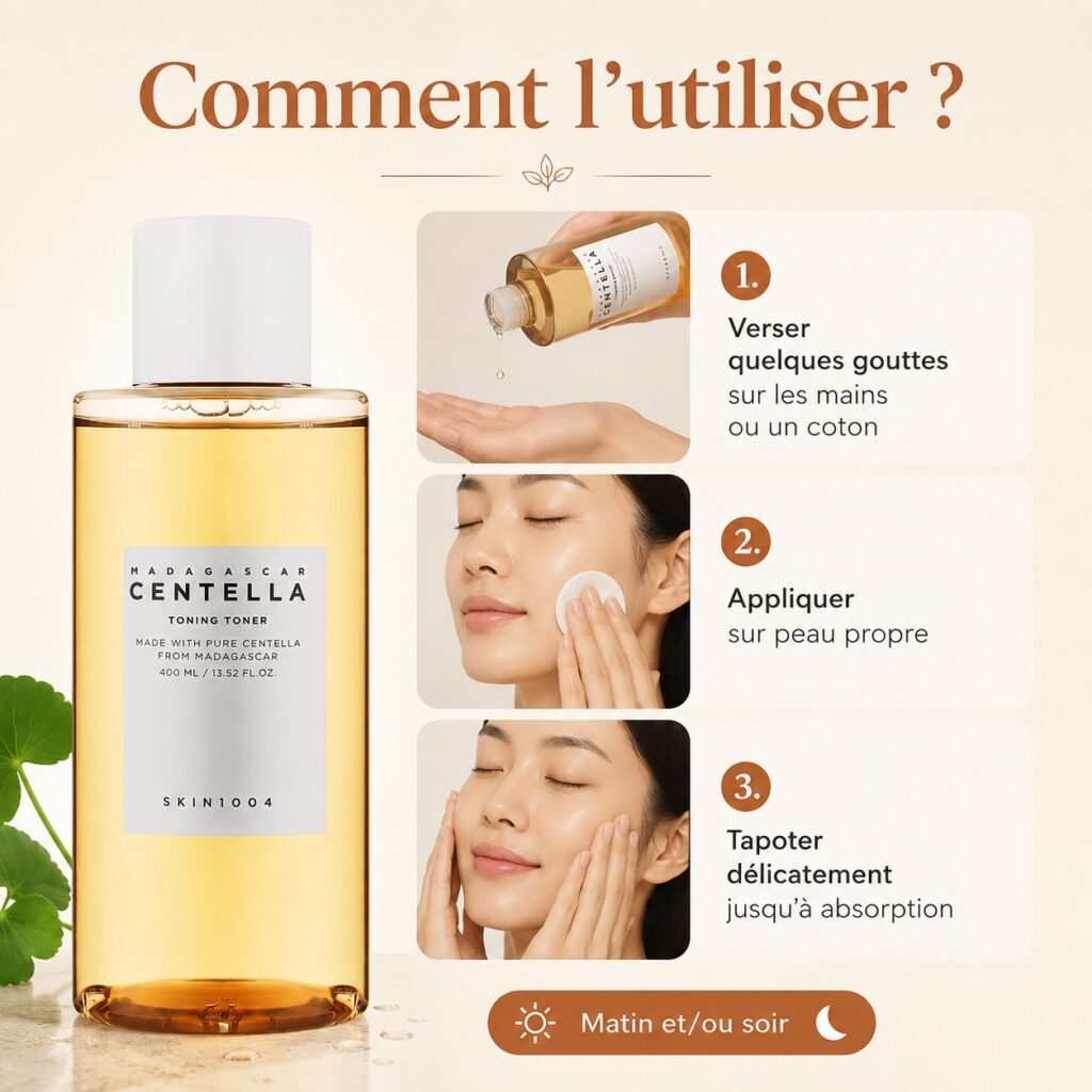 Guide illustré montrant comment utiliser le SKIN1004 Madagascar Centella Toning Toner en trois gestes.