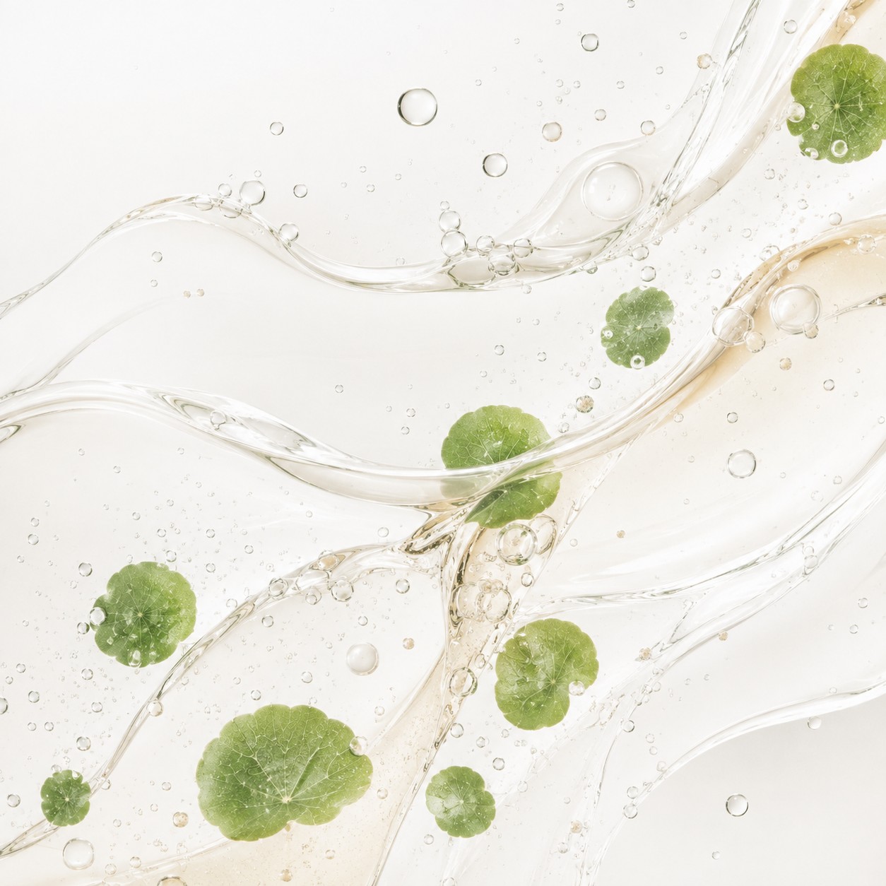 Texture aqueuse transparente inspirée du SKIN1004 Madagascar Centella Toning Toner avec feuilles de centella.
