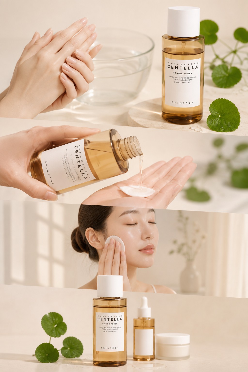 Montage vertical illustrant les gestes d’utilisation du SKIN1004 Madagascar Centella Toning Toner dans une routine de soin.