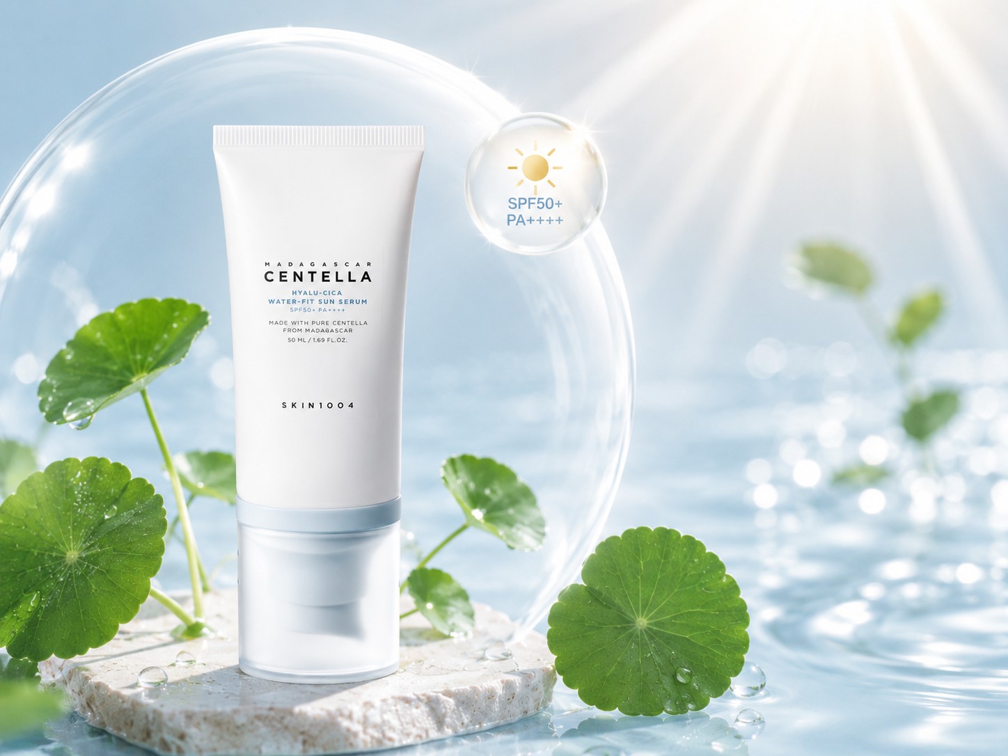 SKIN1004 Hyalu-Cica Water-Fit Sun Serum SPF50+ présenté sous une bulle protectrice avec soleil et feuilles de Centella, illustrant la protection UV quotidienne.