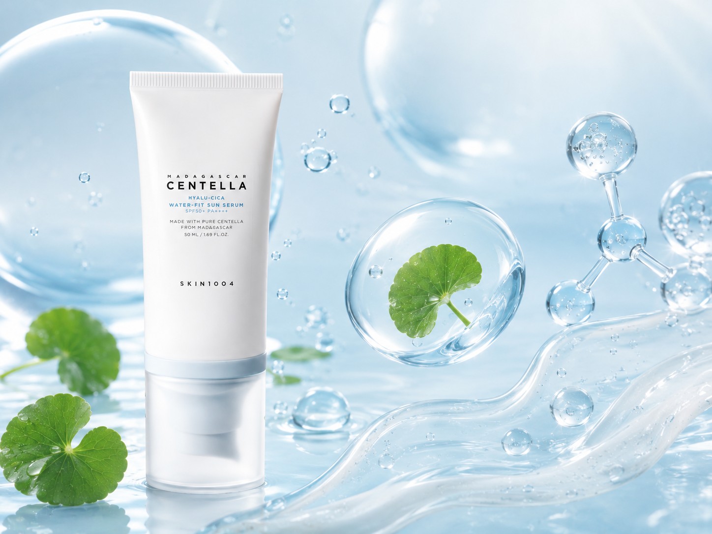 SKIN1004 Hyalu-Cica Water-Fit Sun Serum SPF50+ présenté dans un univers aquatique avec Centella et bulles d’hydratation, illustrant une protection solaire hydratante et confortable.