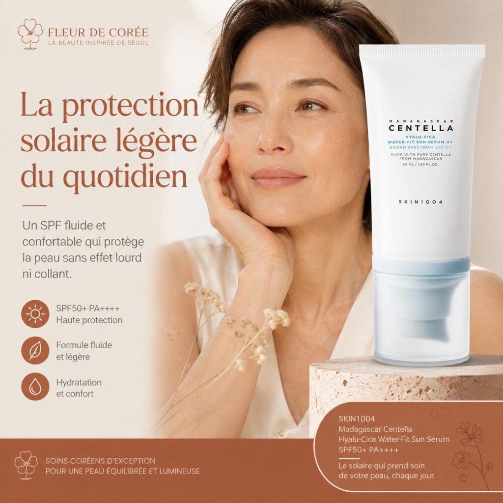 Femme à la peau mature lumineuse aux côtés du SKIN1004 Hyalu-Cica Water-Fit Sun Serum SPF50+, protection solaire légère du quotidien.