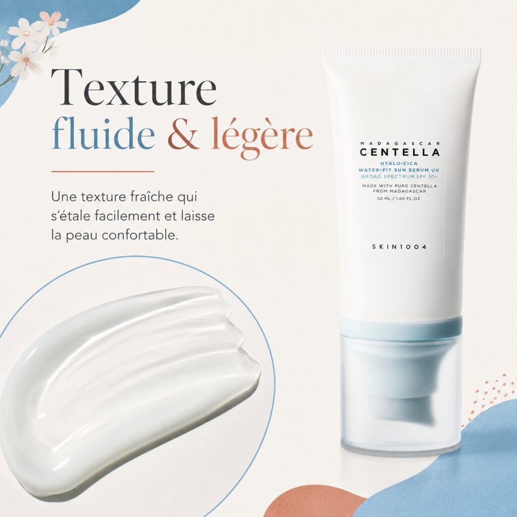 Texture fluide et légère du SKIN1004 Hyalu-Cica Water-Fit Sun Serum SPF50+ présentée avec le tube du produit.