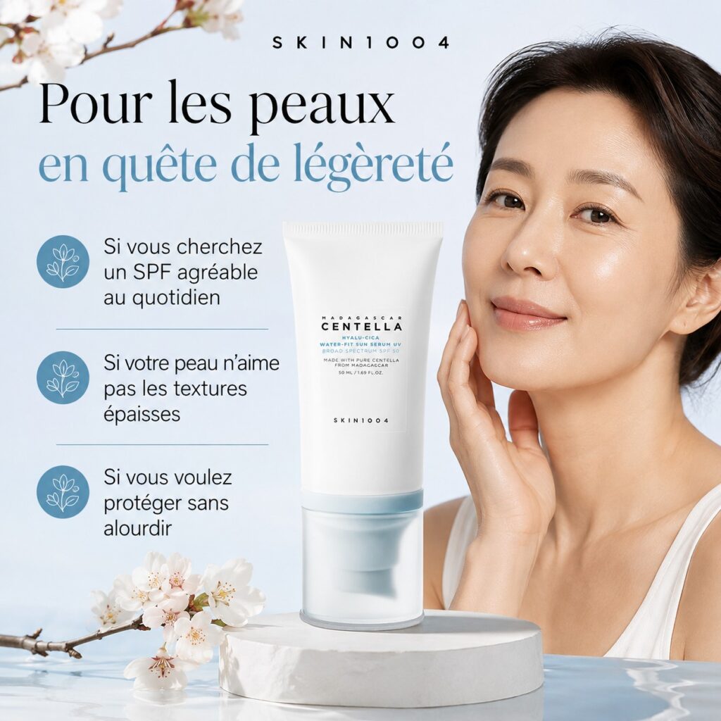 SKIN1004 Hyalu-Cica Water-Fit Sun Serum SPF50+ présenté pour les peaux recherchant une protection solaire légère, confortable et facile à porter au quotidien.