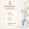 Visuel présentant trois bénéfices du SKIN1004 Hyalu-Cica Water-Fit Sun Serum SPF50+ : protéger, hydrater et compléter la routine du matin.