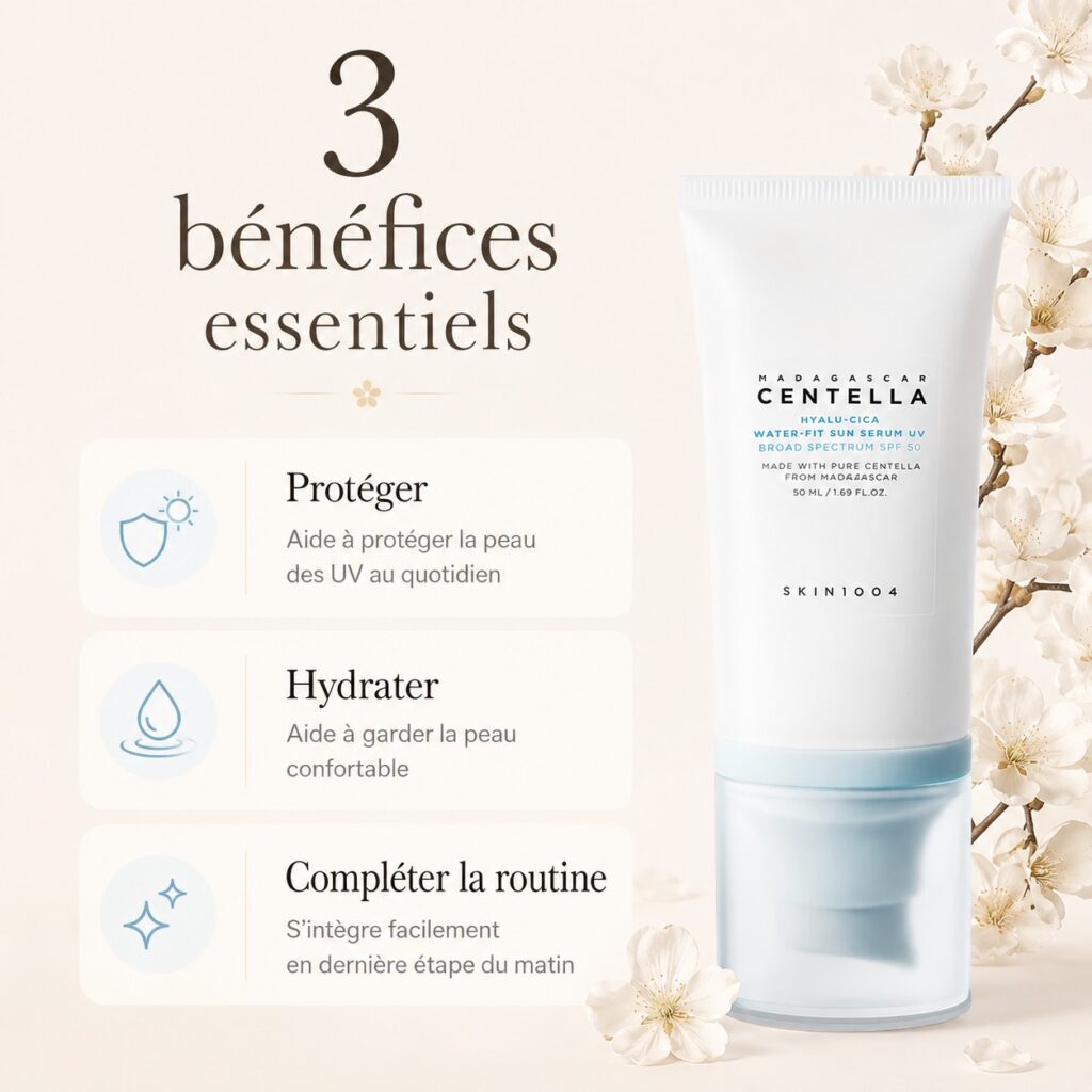 Visuel présentant trois bénéfices du SKIN1004 Hyalu-Cica Water-Fit Sun Serum SPF50+ : protéger, hydrater et compléter la routine du matin.