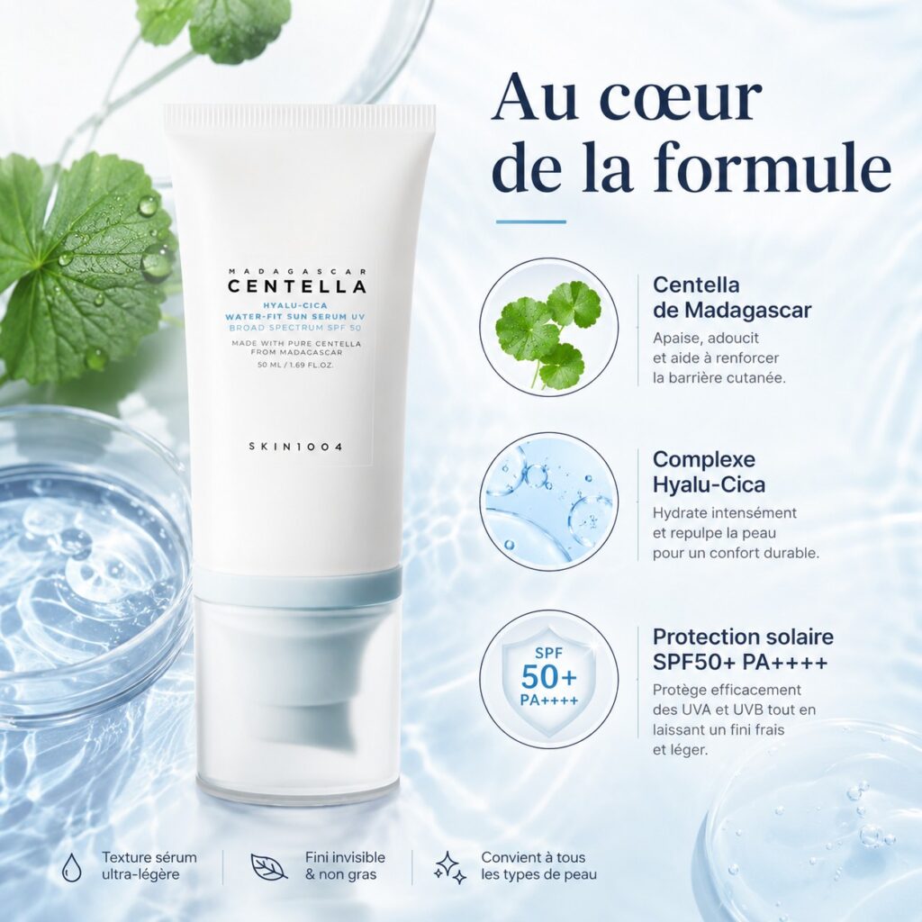 SKIN1004 Hyalu-Cica Water-Fit Sun Serum SPF50+ avec Centella de Madagascar, complexe Hyalu-Cica et protection solaire SPF50+ PA++++.