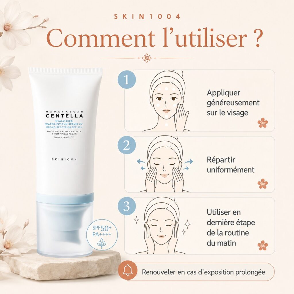 Mode d’emploi du SKIN1004 Hyalu-Cica Water-Fit Sun Serum SPF50+ : appliquer généreusement, répartir uniformément et utiliser en dernière étape de la routine du matin.