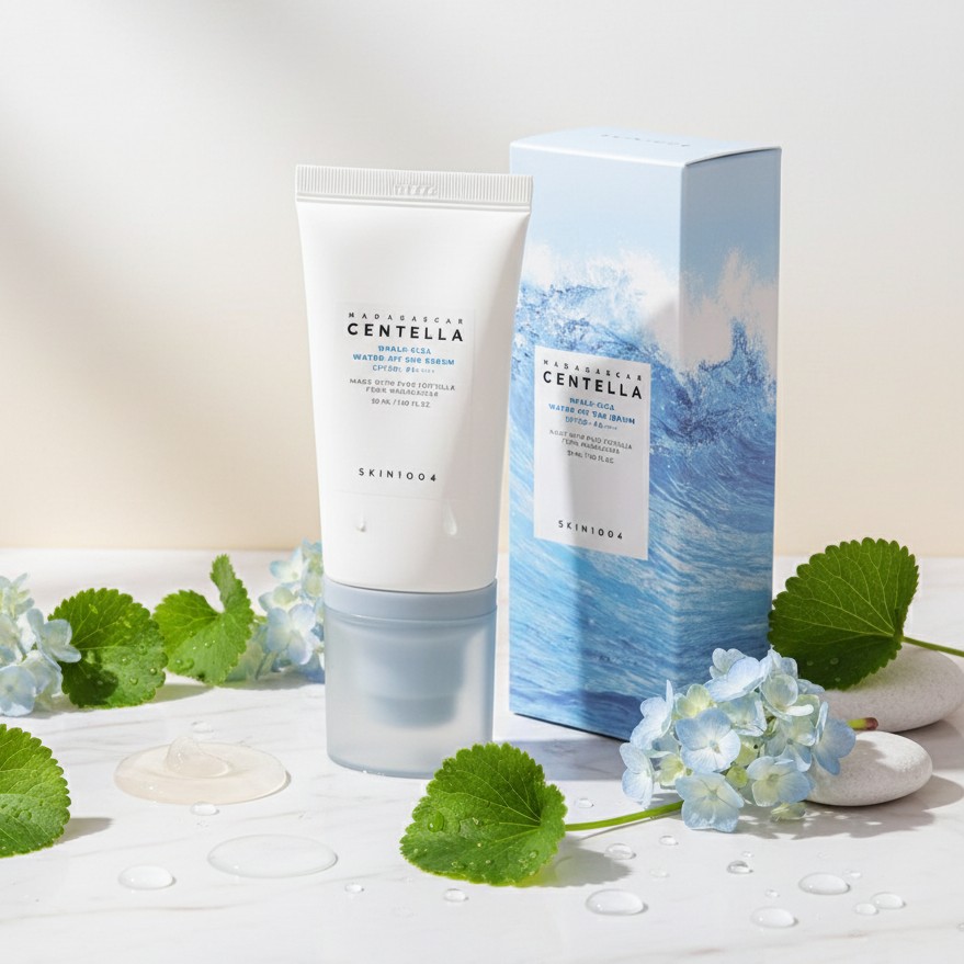 SKIN1004 Hyalu-Cica Water-Fit Sun Serum SPF50+ et sa boîte présentés avec des feuilles de Centella, des fleurs bleues et des gouttes d’eau.