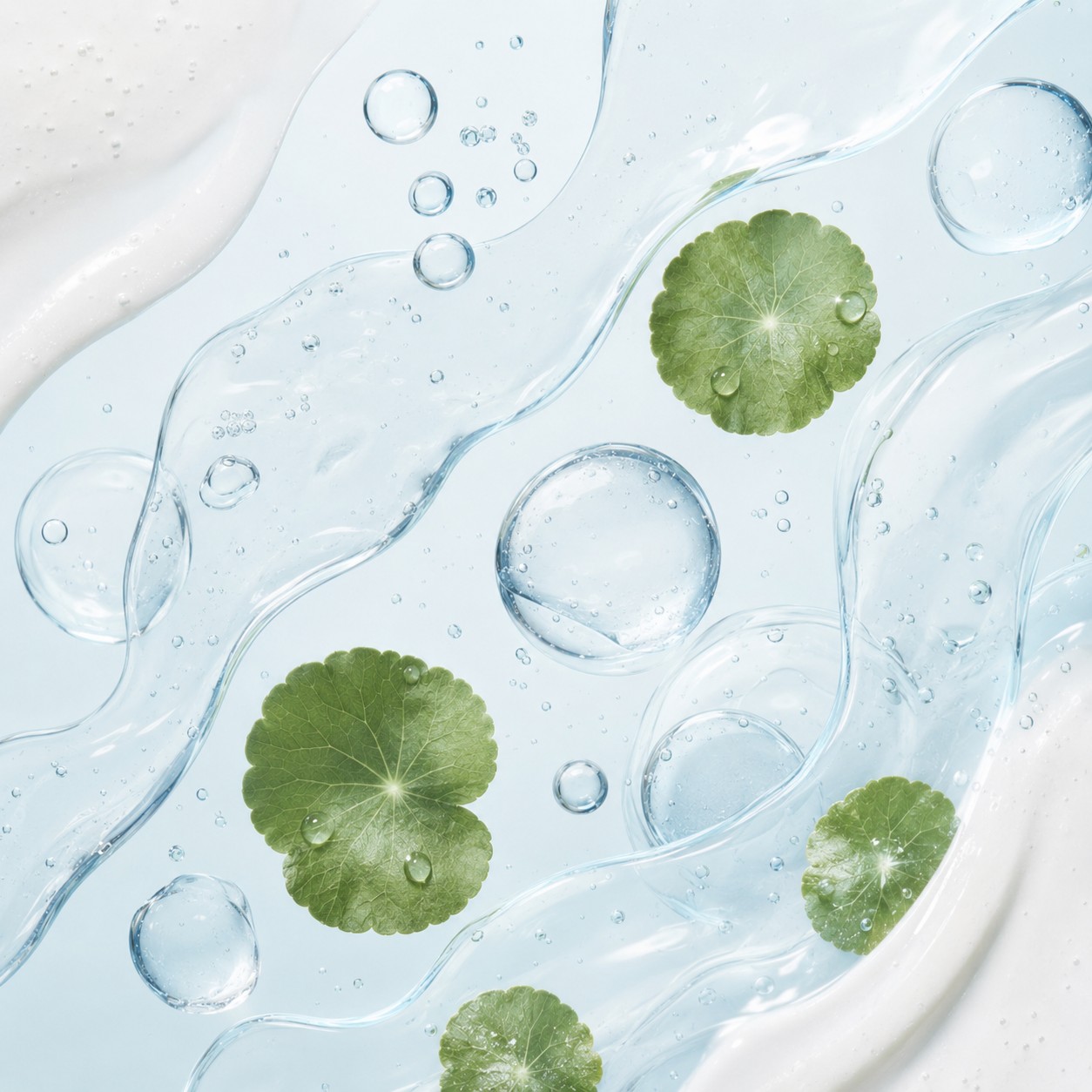 Texture abstraite inspirée du SKIN1004 Hyalu-Cica Water-Fit Sun Serum SPF50+, avec gel translucide, bulles d’eau et feuilles de Centella.