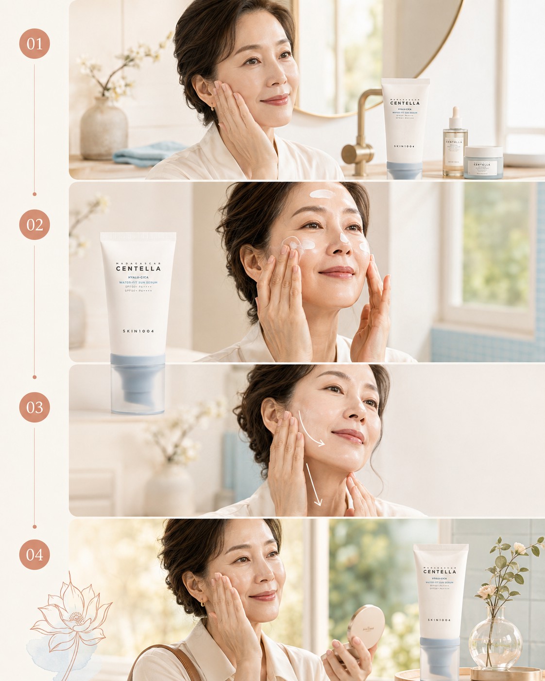 Infographie en quatre étapes montrant l’application du SKIN1004 Hyalu-Cica Water-Fit Sun Serum SPF50+, depuis la préparation de la peau jusqu’au fini lumineux.