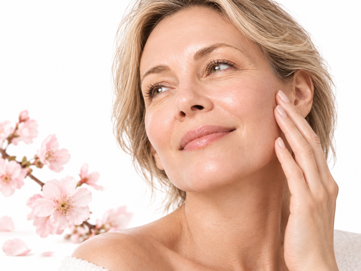 Femme à la peau hydratée et lumineuse après un soin du visage au masque hydrogel.