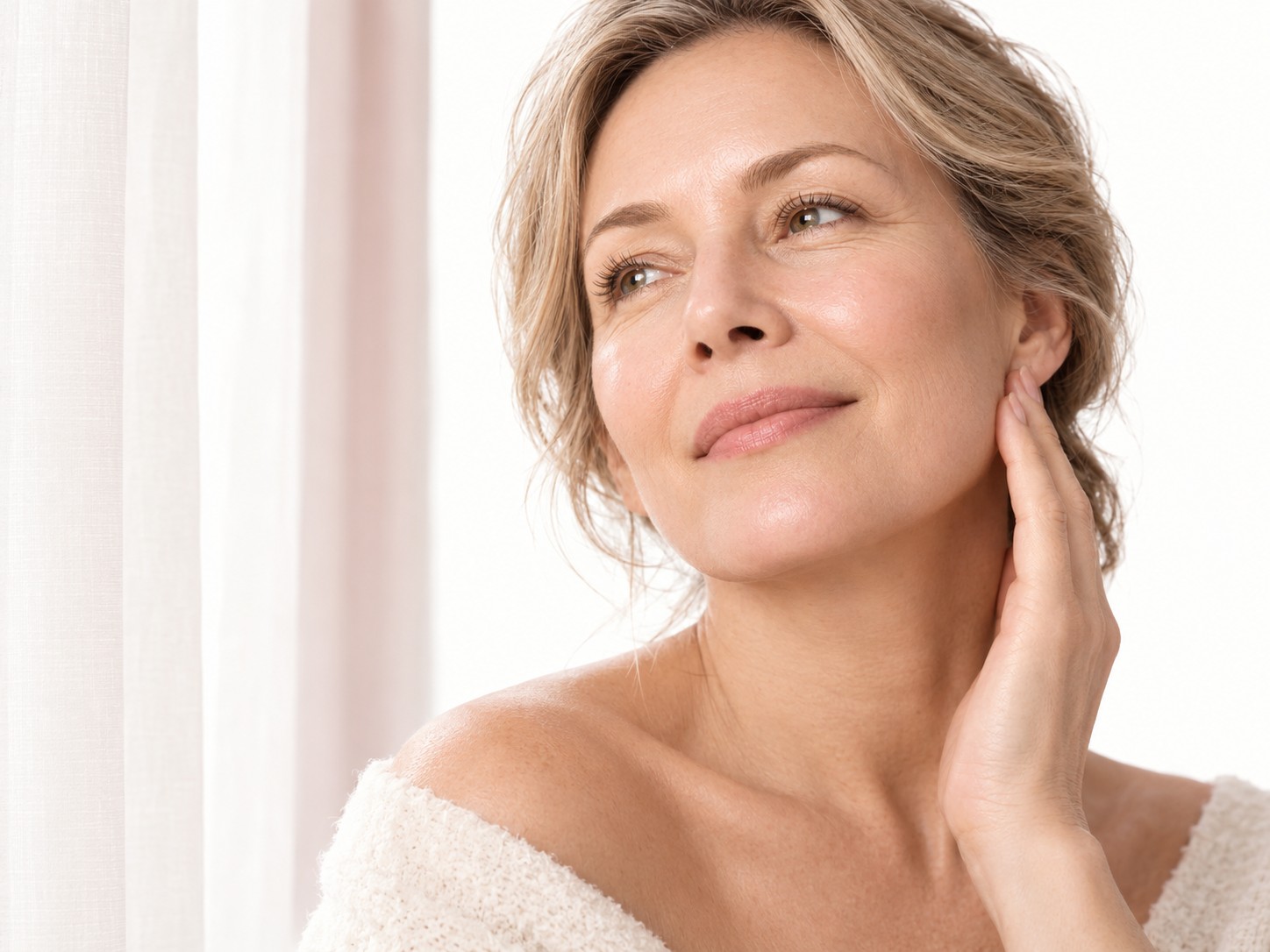 Femme affichant une peau souple et lumineuse après sa routine de soin.