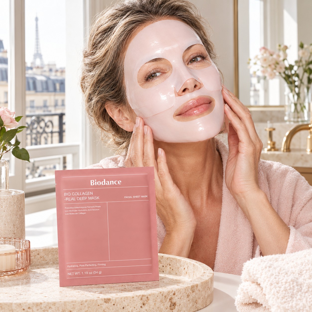 Biodance Bio-Collagen Real Deep Mask présenté avec une femme portant le masque hydrogel.
