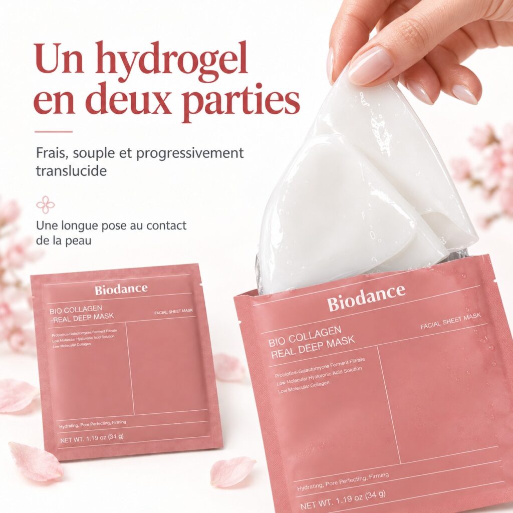 Masque hydrogel Biodance en deux parties, conçu pour épouser le visage pendant la pose.