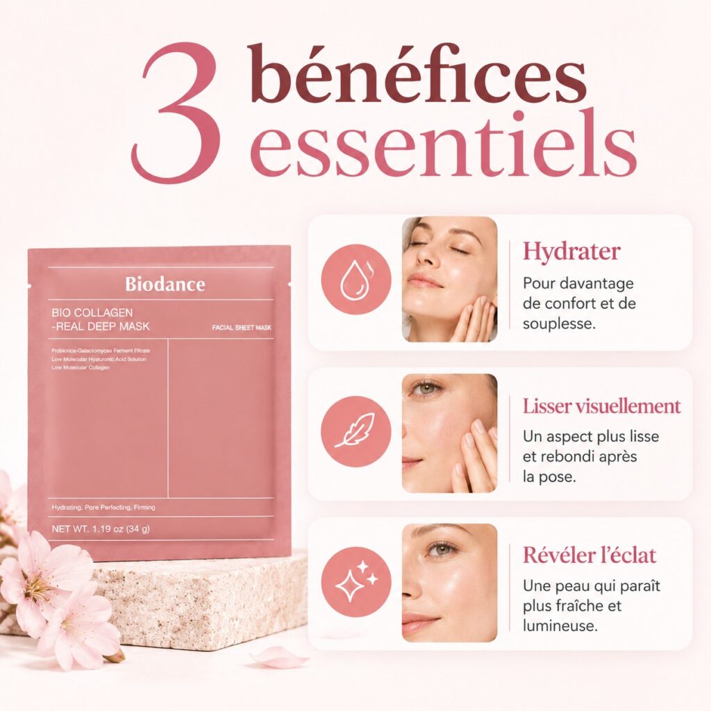Trois bénéfices du Biodance Bio-Collagen Real Deep Mask : hydratation, peau rebondie et teint lumineux.
