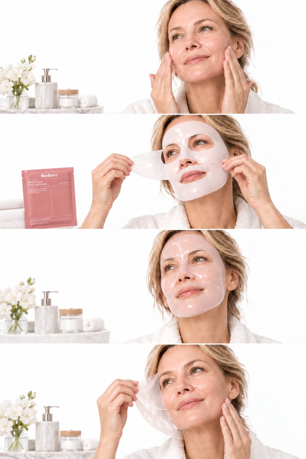Étapes d'utilisation du masque Biodance : préparation, pose, masque devenu translucide puis retrait.