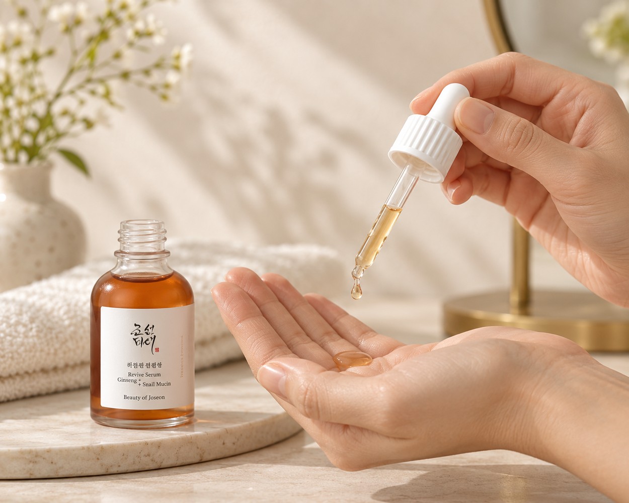 Revive Serum de Beauty of Joseon versé avec une pipette dans la main avant application.