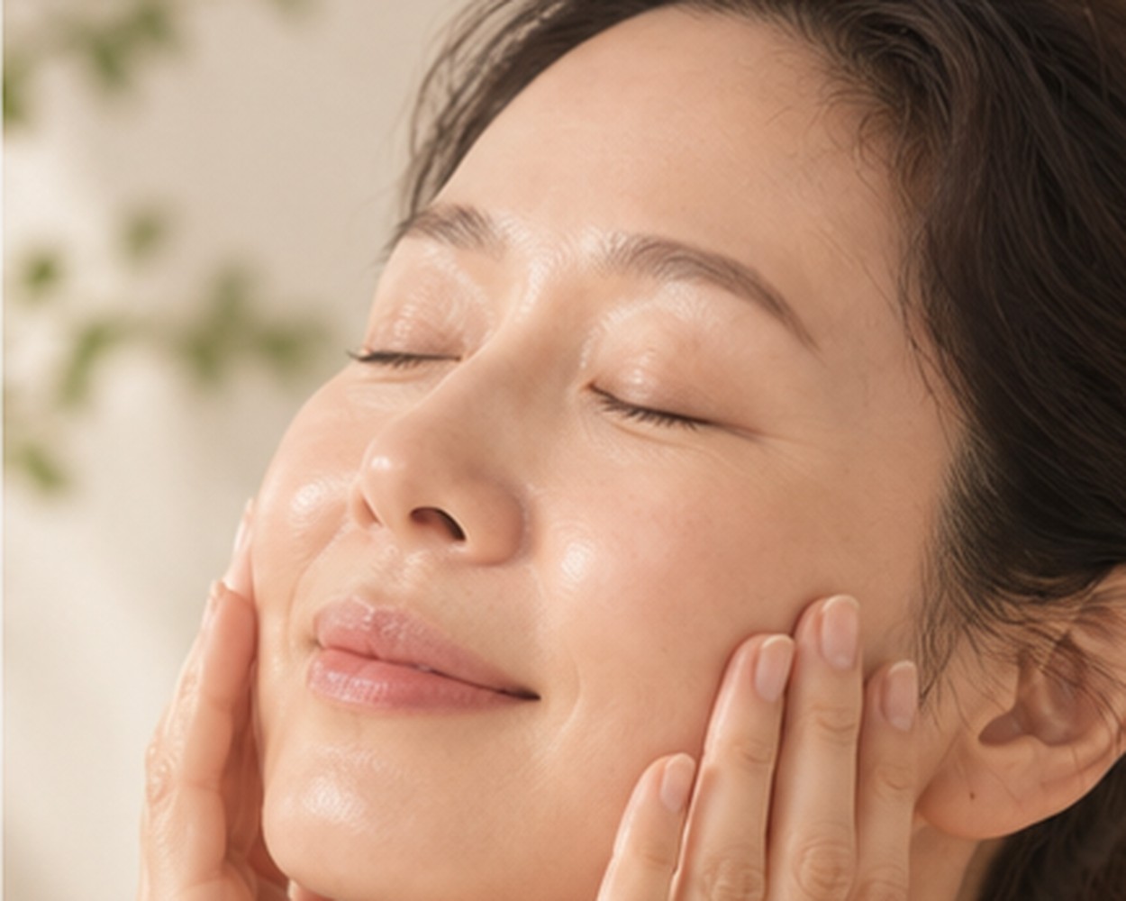 Femme à la peau lumineuse massant doucement ses joues après l’application du Revive Serum.