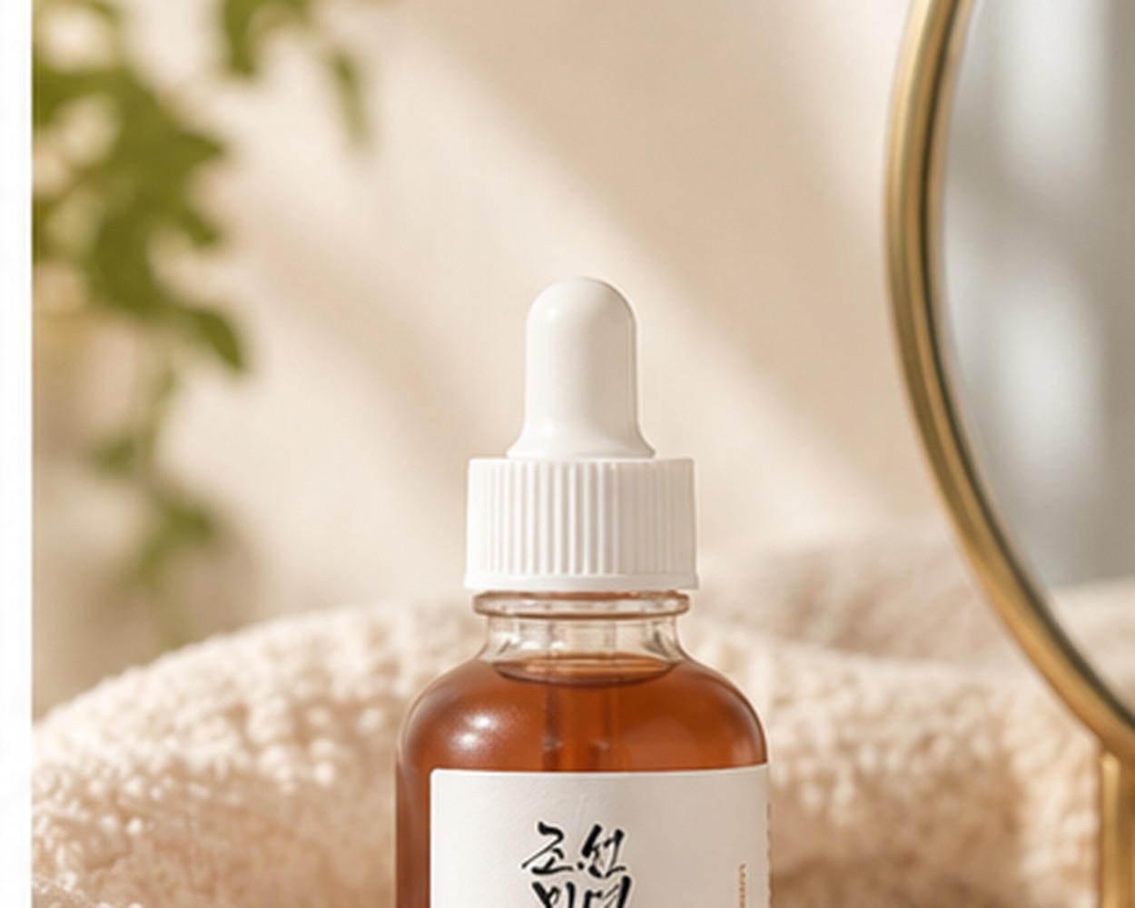 Revive Serum de Beauty of Joseon présenté dans une ambiance de soin douce avec serviette et miroir.
