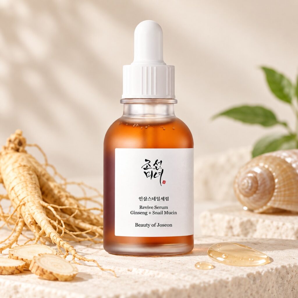 Revive Serum Ginseng + Snail Mucin de Beauty of Joseon présenté avec ginseng et mucine d’escargot.