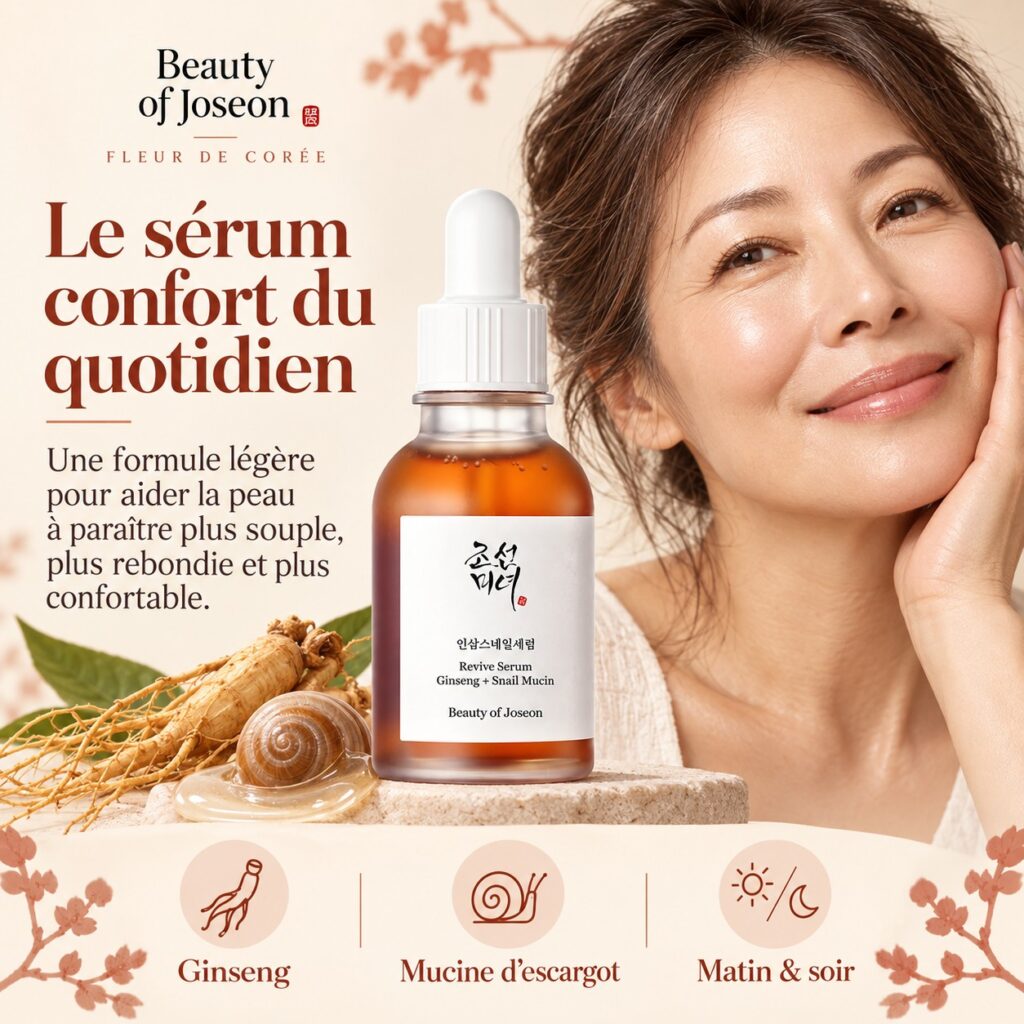 Revive Serum de Beauty of Joseon présenté comme sérum de confort quotidien au ginseng et à la mucine d’escargot.