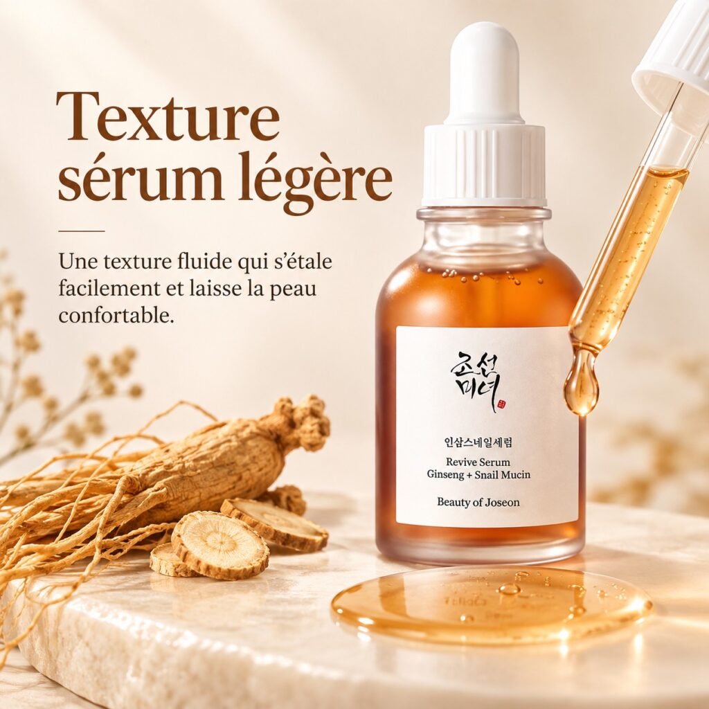 Texture légère du Revive Serum de Beauty of Joseon avec pipette, flacon et racines de ginseng.