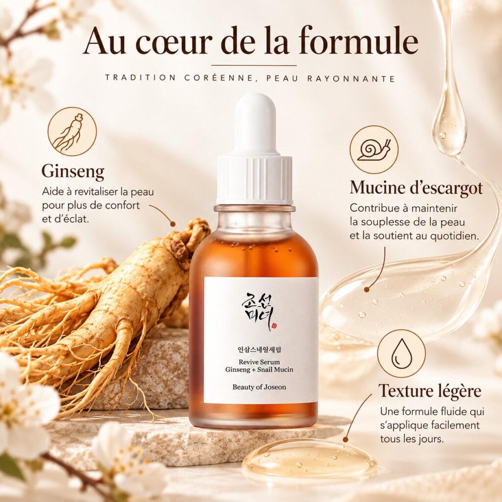Revive Serum de Beauty of Joseon avec ses ingrédients phares : ginseng et mucine d’escargot.