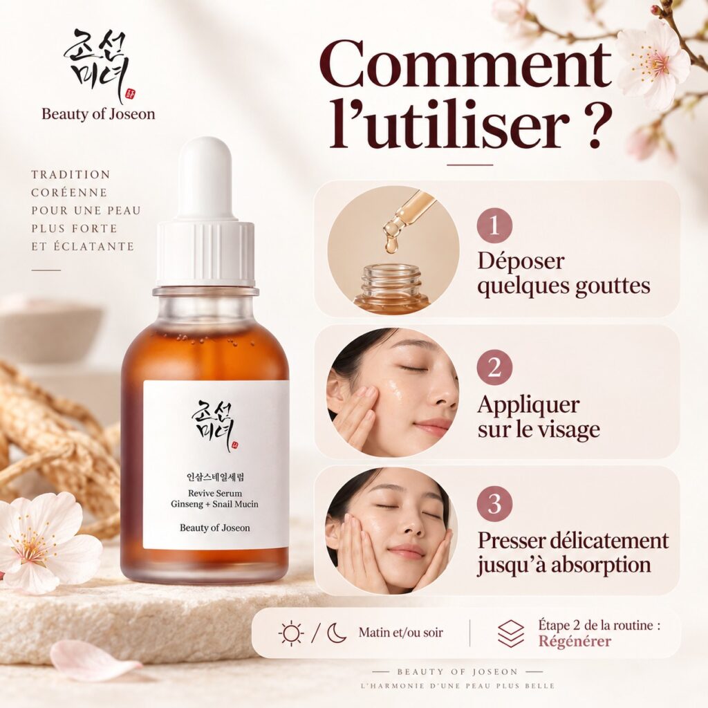 Guide d’utilisation du Revive Serum de Beauty of Joseon en trois gestes : déposer, appliquer et tapoter.