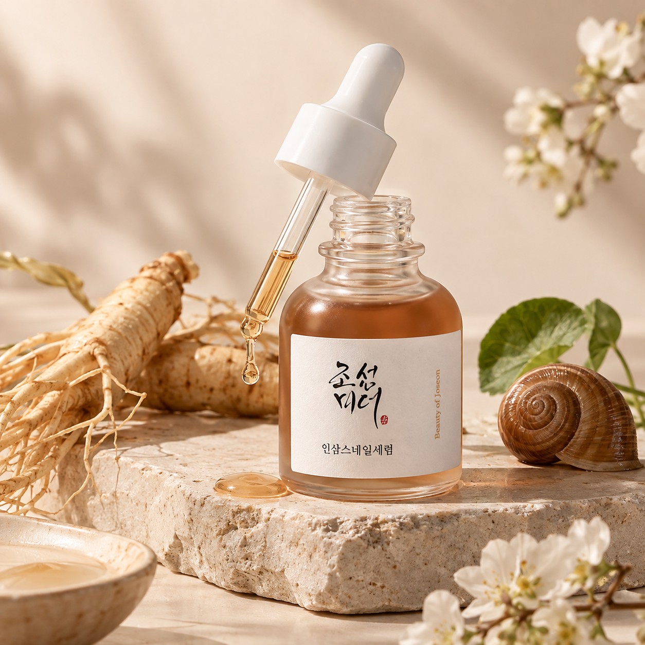 Revive Serum Ginseng + Snail Mucin de Beauty of Joseon présenté avec ginseng, pipette et éléments naturels.