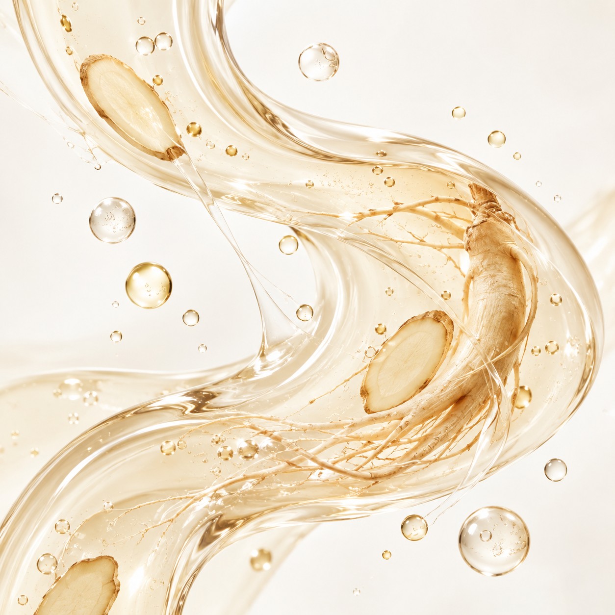 Texture sérum translucide et dorée inspirée du Revive Serum, avec racine de ginseng et gouttes en suspension.