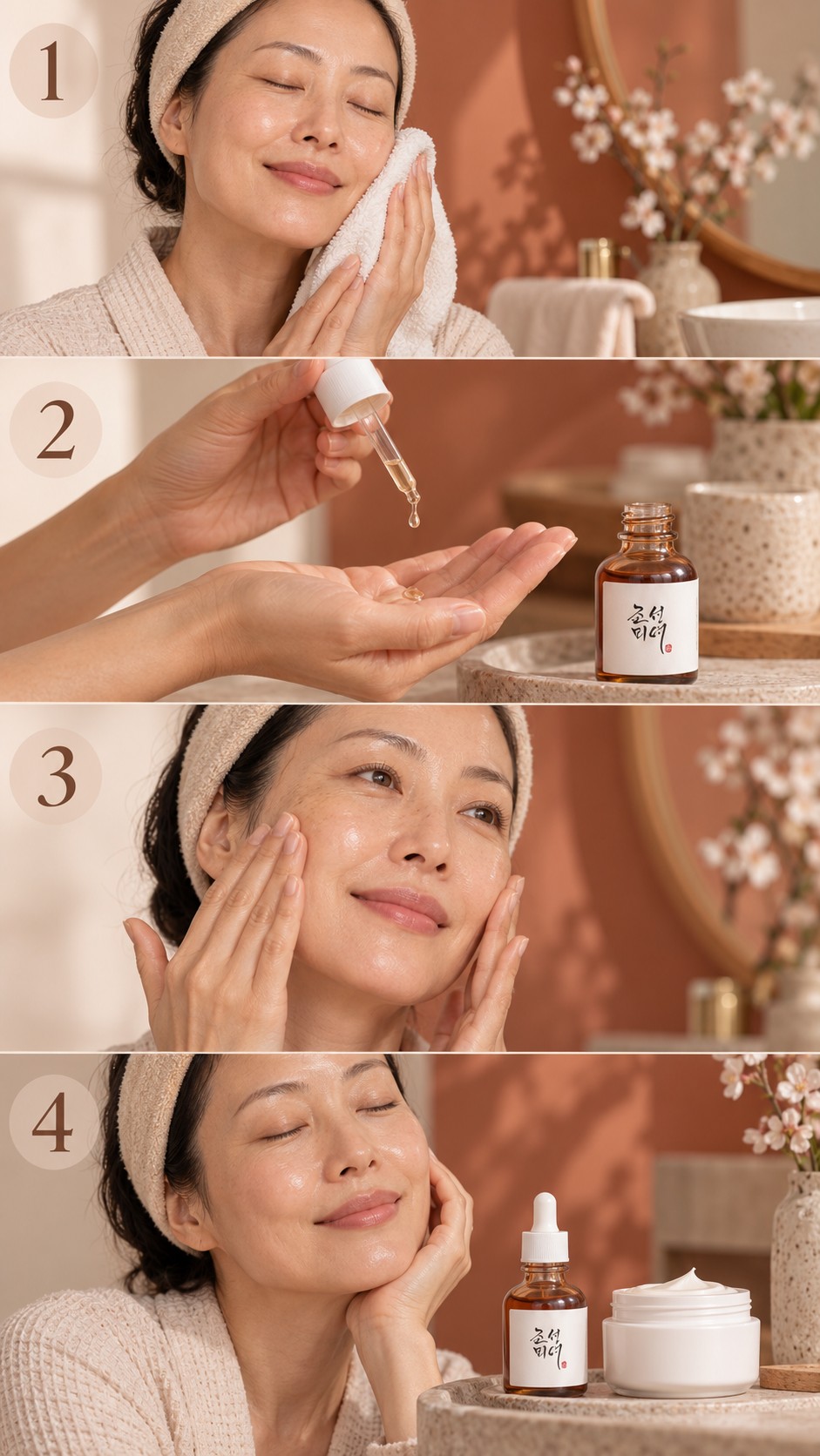 Mode d’utilisation du Revive Serum en 4 étapes : préparer la peau, prélever, appliquer puis poursuivre la routine.