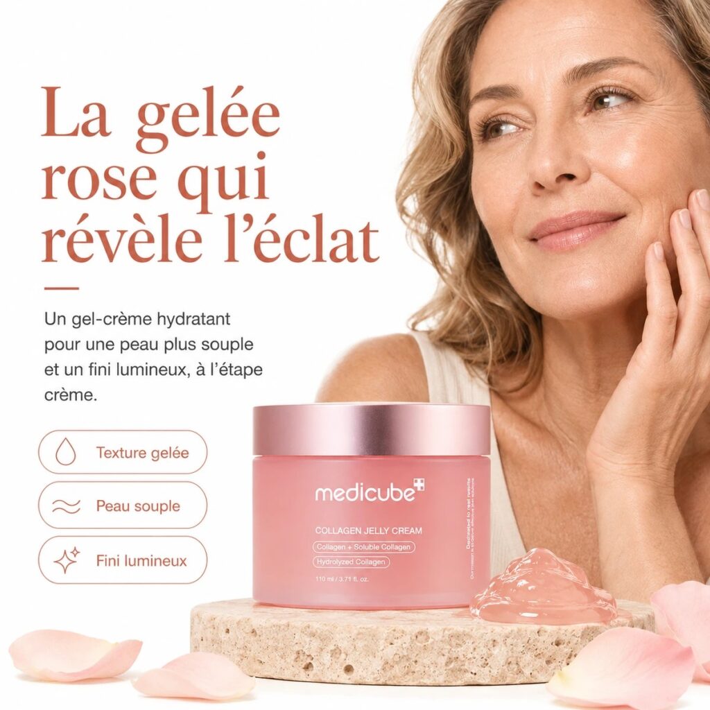 Présentation de la Medicube Collagen Jelly Cream comme une gelée rose pour une peau plus souple au fini lumineux