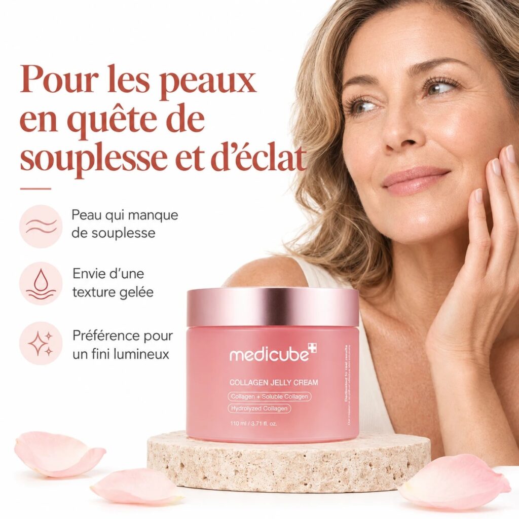 Medicube Collagen Jelly Cream présentée aux peaux en quête de souplesse, de texture gelée et de fini lumineux