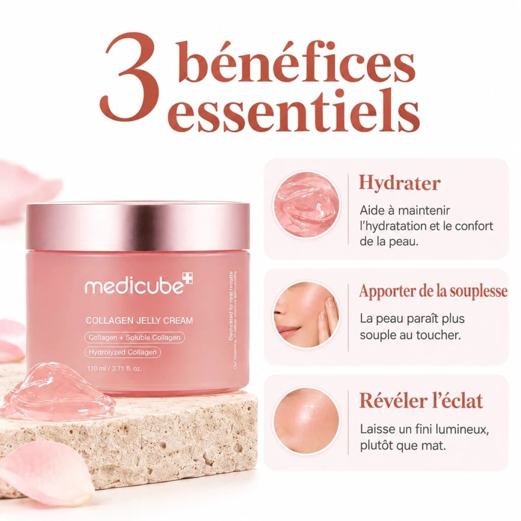 Trois bénéfices de la Medicube Collagen Jelly Cream : hydrater, apporter de la souplesse et révéler l’éclat