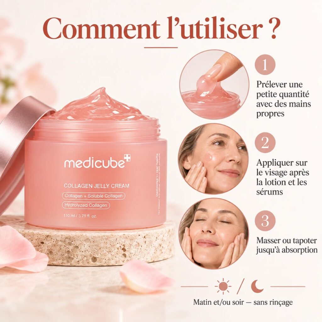 Mode d’emploi de la Medicube Collagen Jelly Cream : prélever, appliquer après les sérums puis masser ou tapoter
