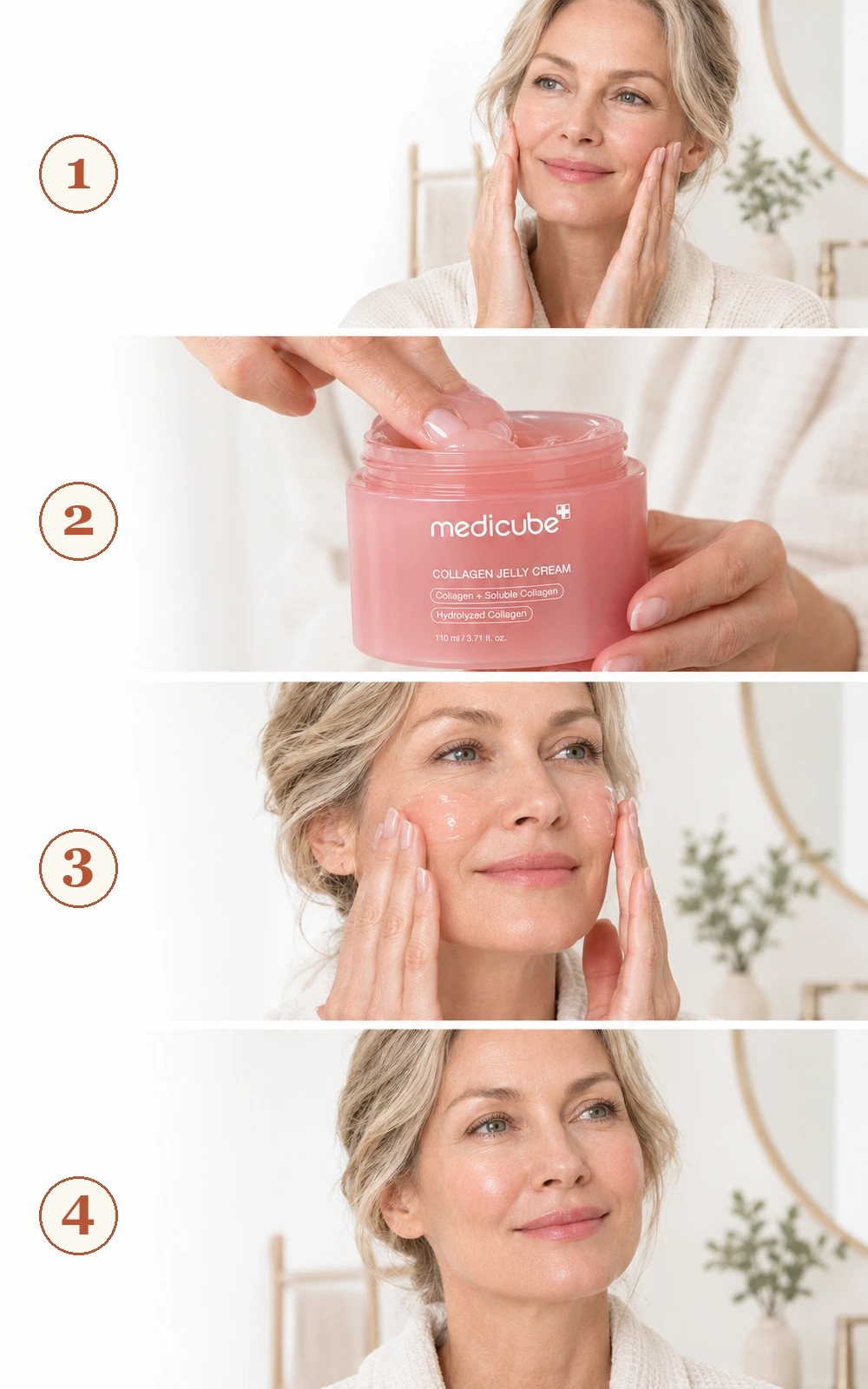 Quatre étapes d’utilisation de la Medicube Collagen Jelly Cream : peau propre, prélèvement, application et massage