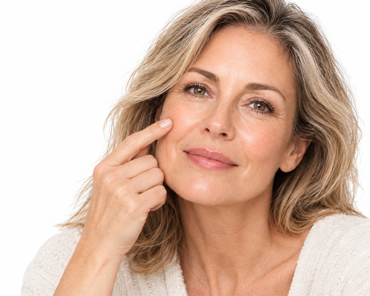 Femme de plus de 40 ans touchant sa joue, peau nue et lumineuse.
