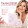 Medicube PDRN Pink Collagen Gel Mask présenté avec une femme à la peau lumineuse et ses bénéfices hydratation, souplesse et éclat.