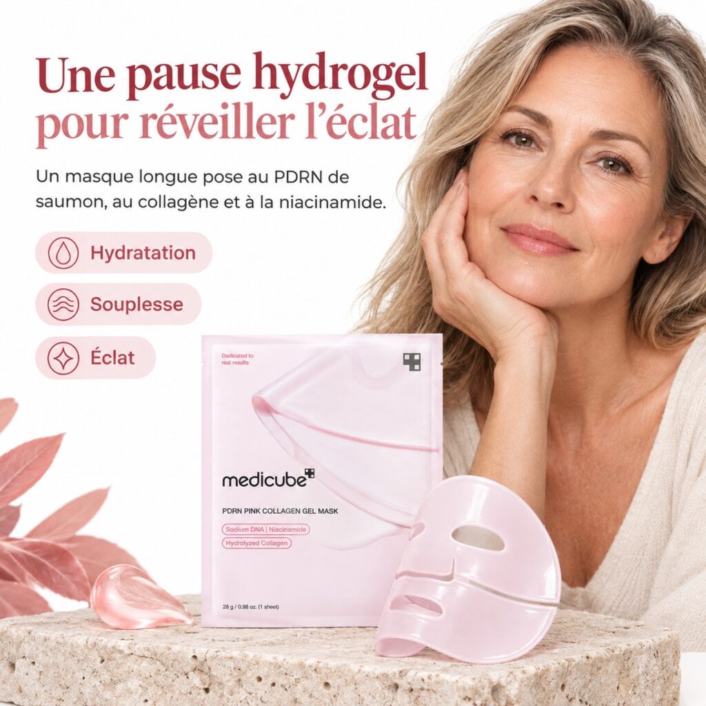 Medicube PDRN Pink Collagen Gel Mask présenté avec une femme à la peau lumineuse et ses bénéfices hydratation, souplesse et éclat.