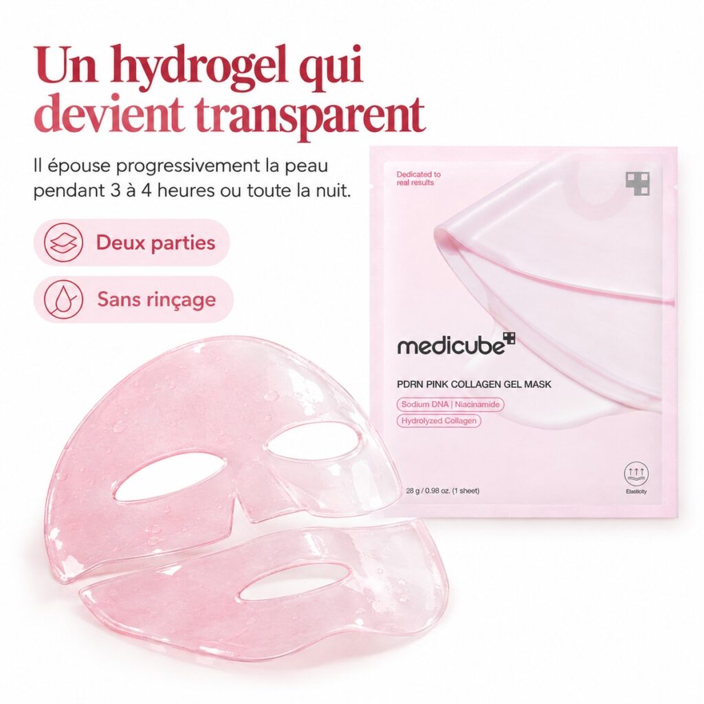 Medicube PDRN Pink Collagen Gel Mask illustrant le changement du masque hydrogel rose vers un aspect transparent.