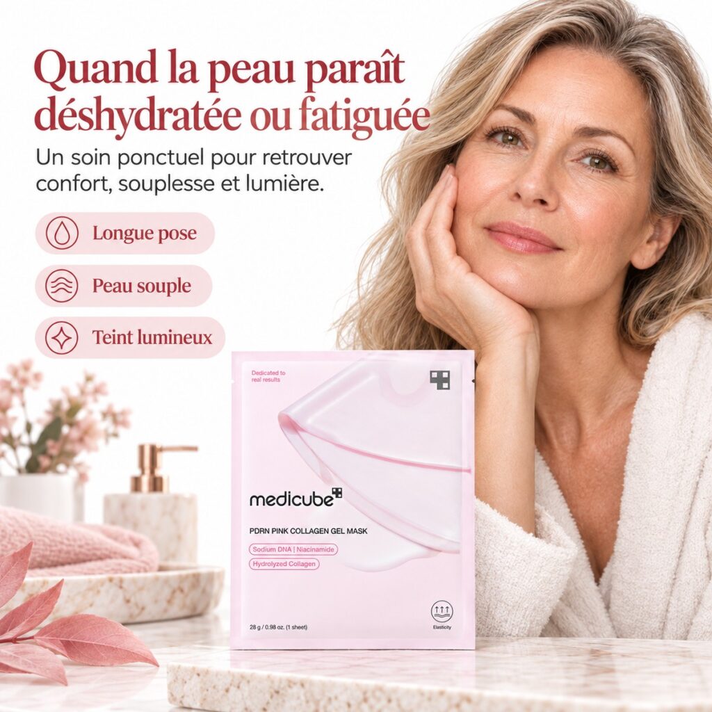 Medicube PDRN Pink Collagen Gel Mask présenté comme soin pour les peaux déshydratées ou fatiguées.