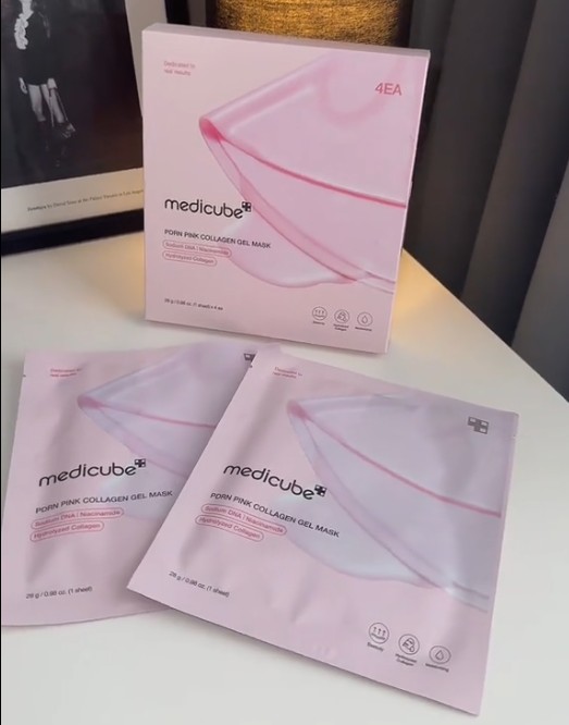 Plusieurs sachets du Medicube PDRN Pink Collagen Gel Mask présentés ensemble.