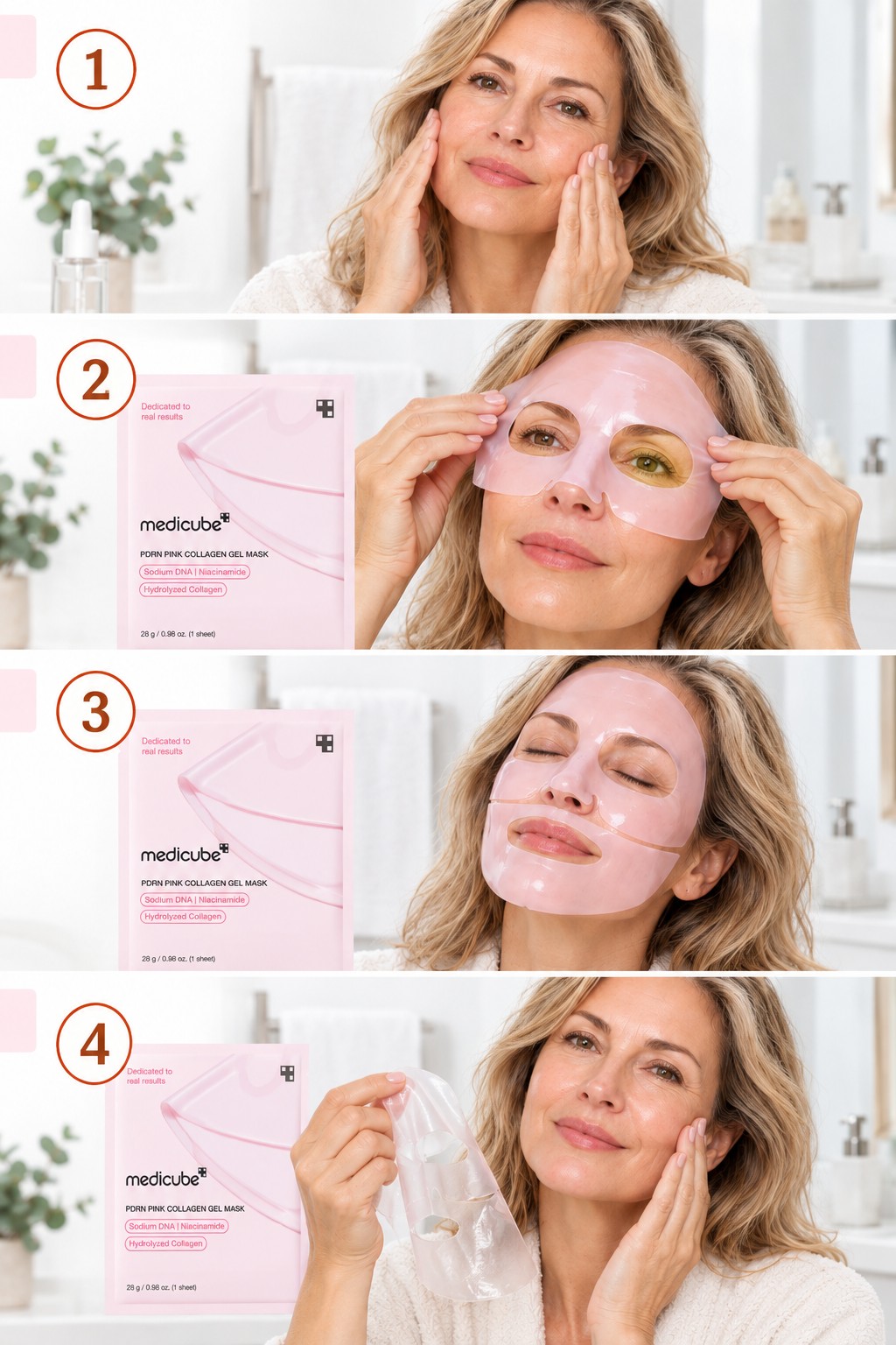 Routine en quatre étapes montrant la préparation, la pose, le temps d’action et le retrait du Medicube PDRN Pink Collagen Gel Mask.