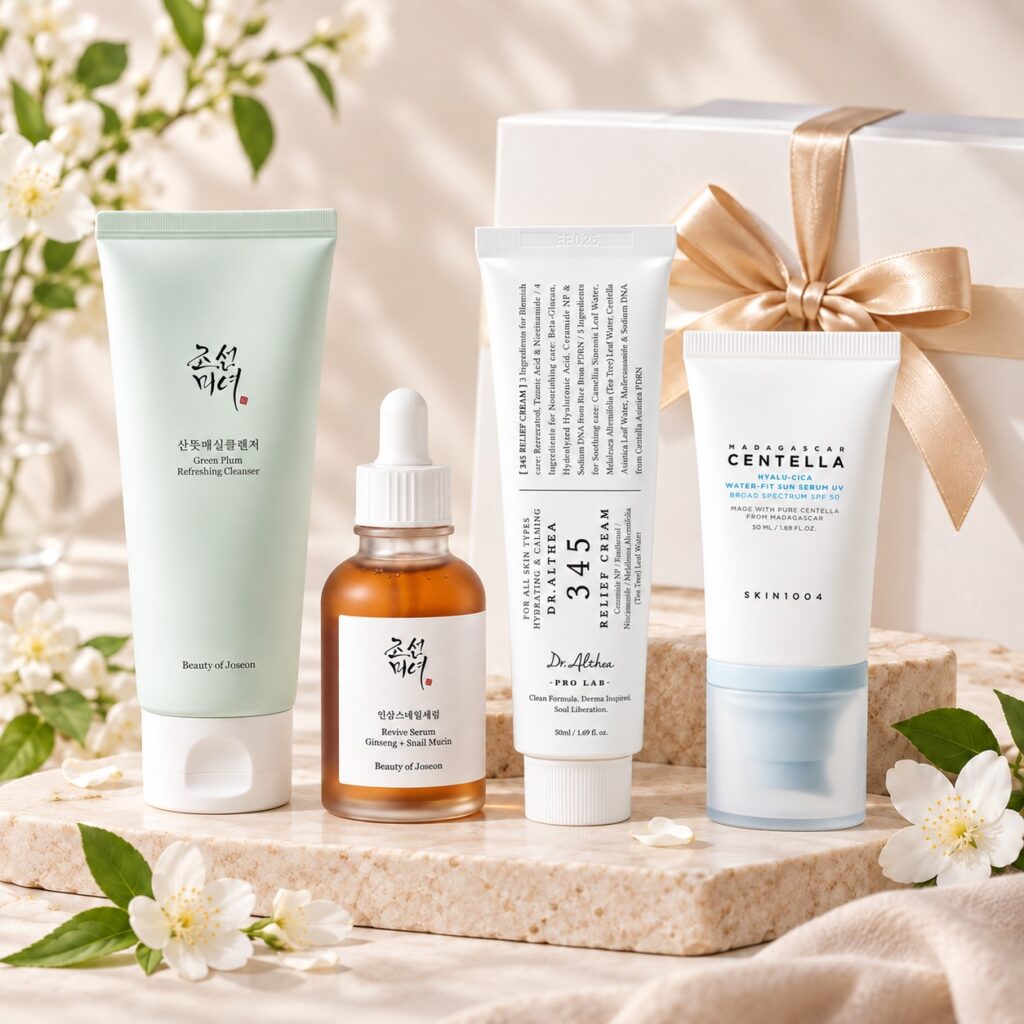Rituel Matinal Fleur de Corée avec Green Plum Cleanser, Revive Serum, Dr. Althea 345 Relief Cream et SKIN1004 Hyalu-Cica SPF50+.