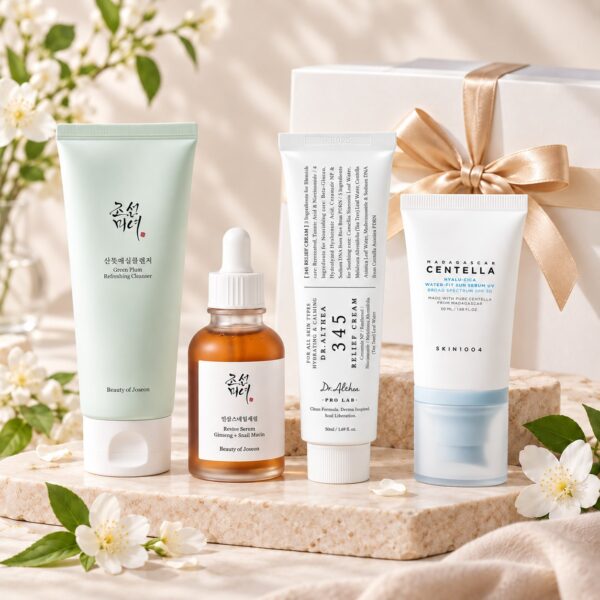 Rituel Matinal Fleur de Corée avec Green Plum Cleanser, Revive Serum, Dr. Althea 345 Relief Cream et SKIN1004 Hyalu-Cica SPF50+.