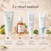 Les quatre soins du Rituel Matinal Fleur de Corée : nettoyant, sérum Revive, crème Dr. Althea 345 et SPF50+ SKIN1004.