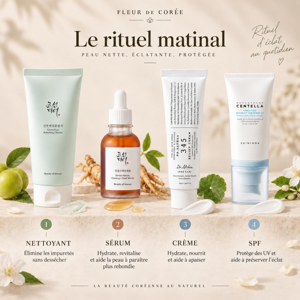 Les quatre soins du Rituel Matinal Fleur de Corée : nettoyant, sérum Revive, crème Dr. Althea 345 et SPF50+ SKIN1004.