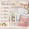Coffret Rituel Matinal Fleur de Corée avec quatre soins, quatre masques Round Lab, trousse cosmétique et guide illustré.